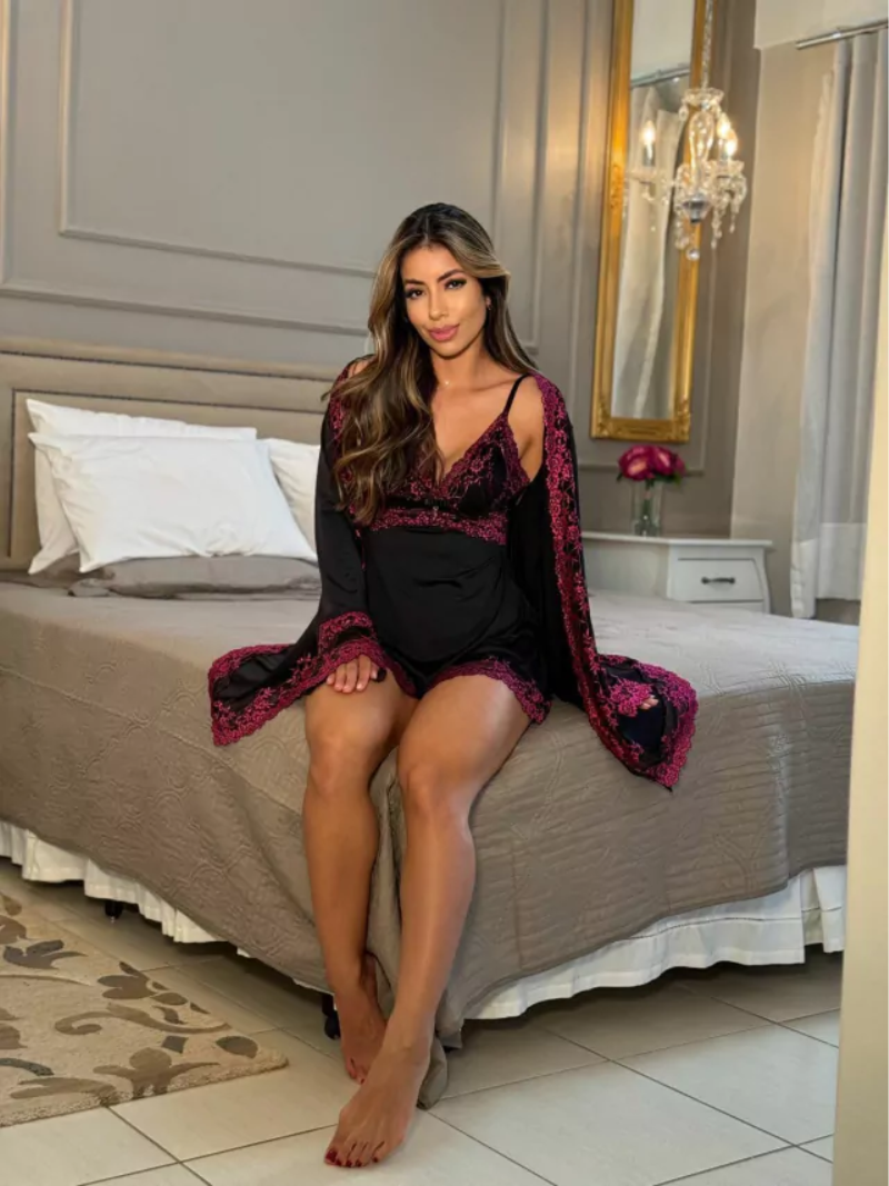 CONJUNTO ROBE CAMISOLA E CALCINHA PRETO/PINK