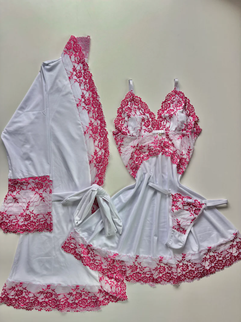 CONJUNTO ROBE CAMISOLA E CALCINHA FIO BRANCO/PINK