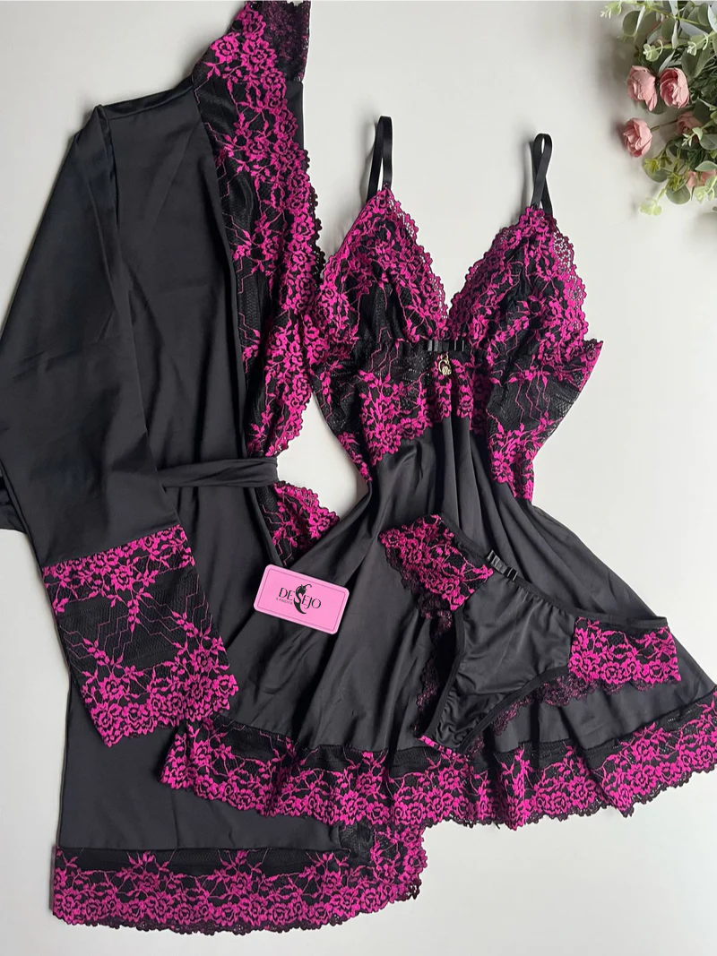 CONJUNTO ROBE CAMISOLA E CALCINHA PRETO/PINK