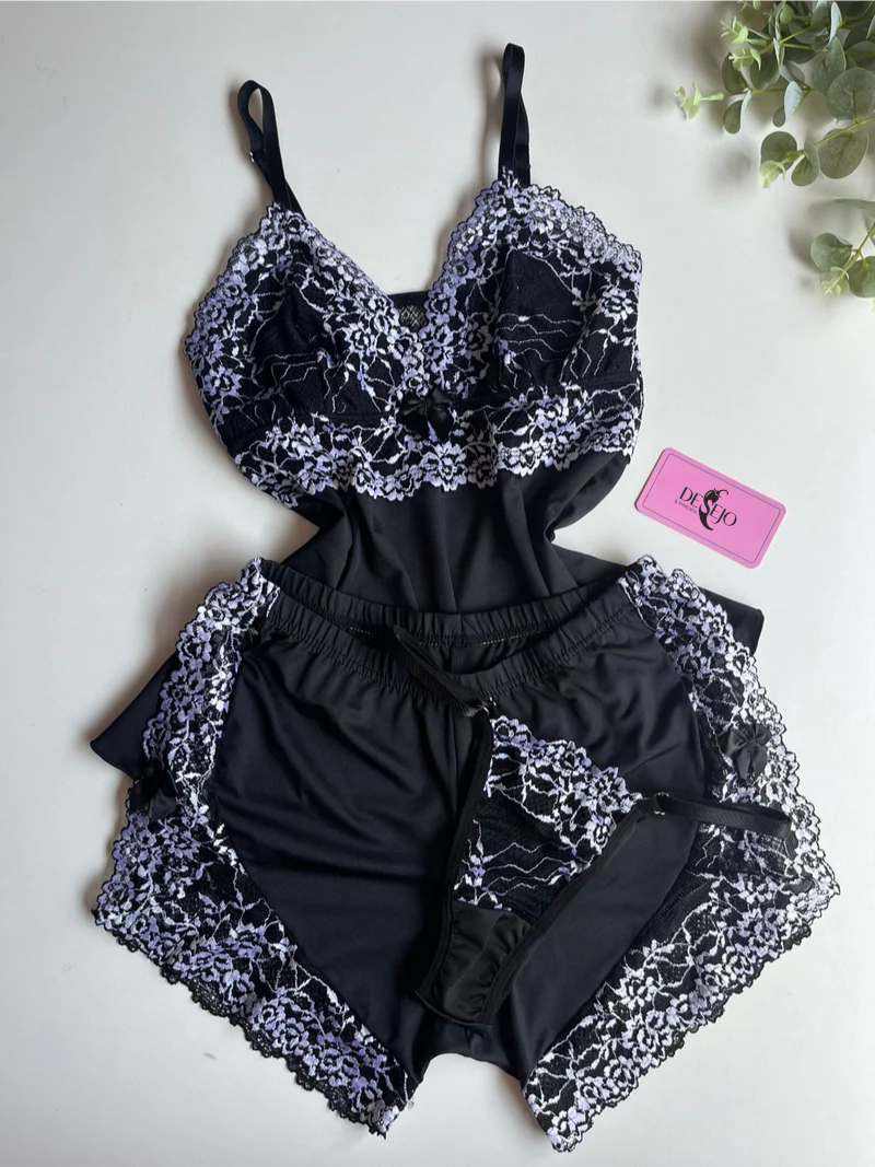 BABY DOLL COM CALCINHA FIO PRETO/BRANCO