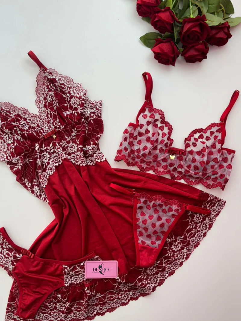 CAMISOLA E CONJUNTO DE LINGERIE CORAÇÃO VERMELHO/BRANCO