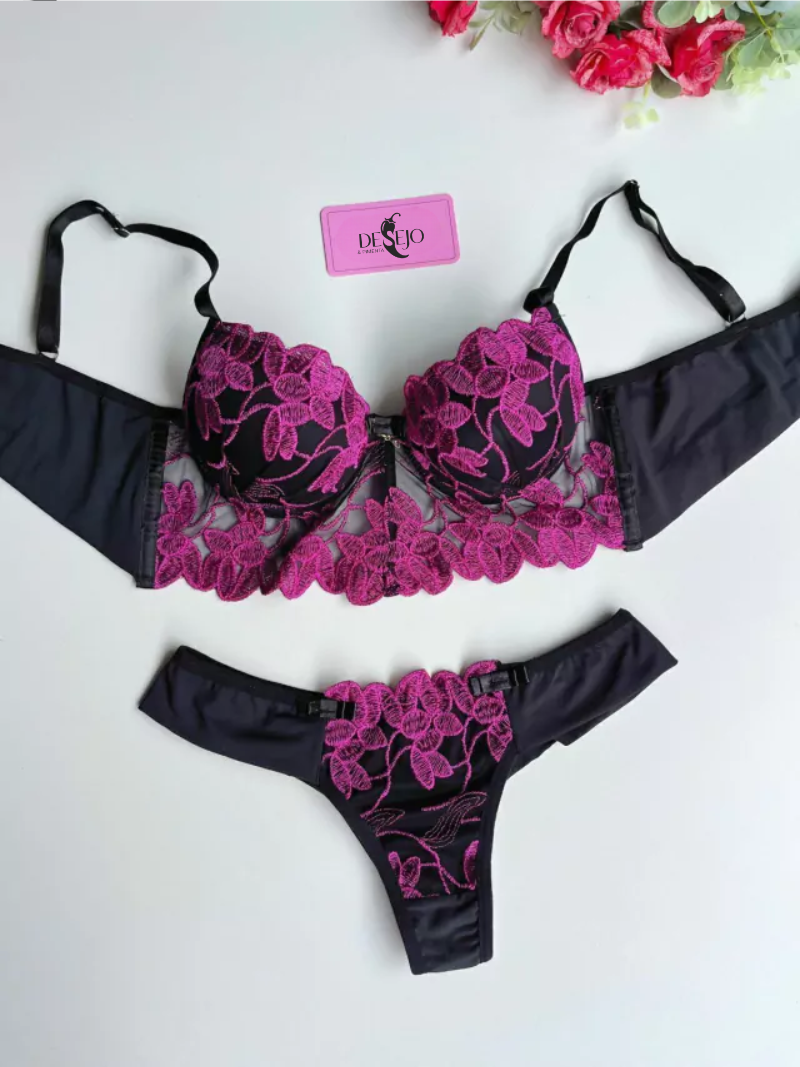 CONJUNTO DE LINGERIE CROPED PRETO/PINK
