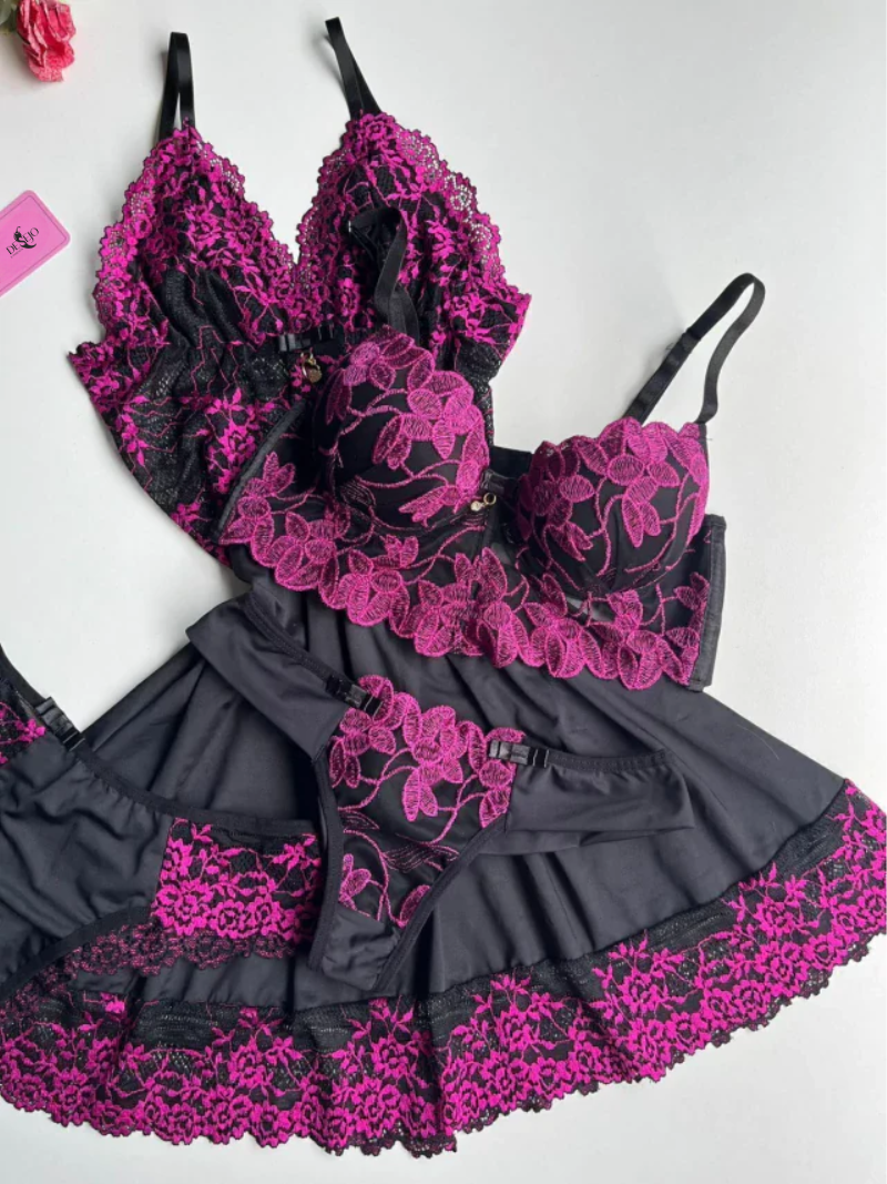 CAMISOLA E CONJUNTO DE LINGERIE CROPED PRETO/PINK