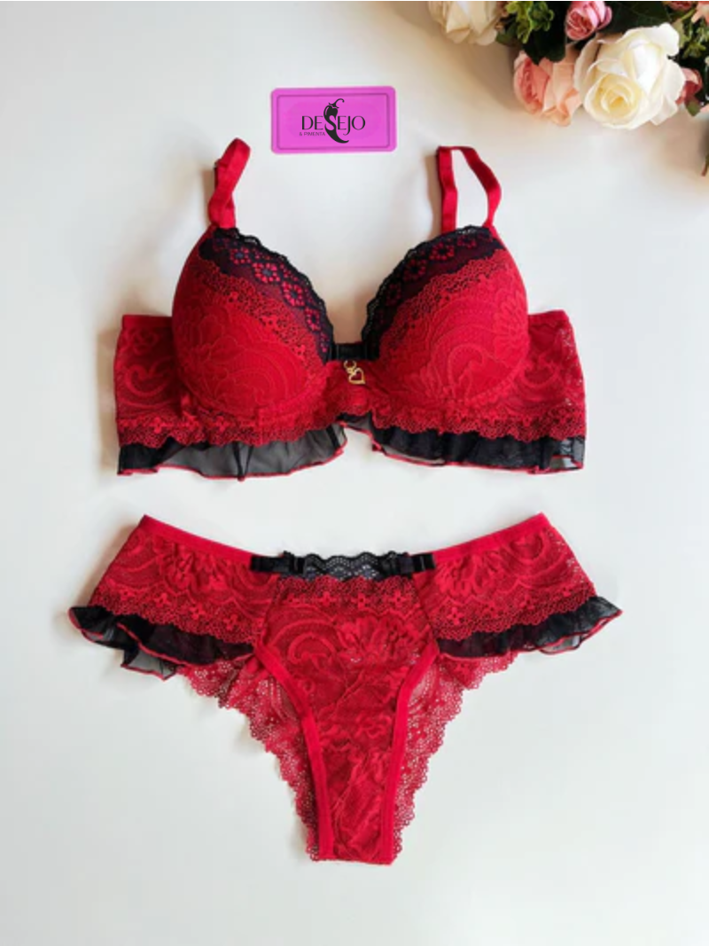 CONJUNTO DE LINGERIE BABADO VERMELHO/PRETO