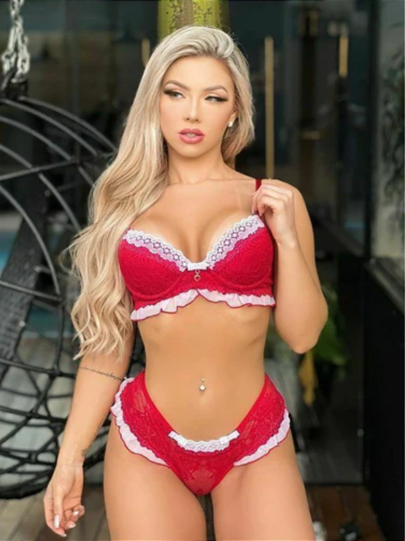CONJUNTO DE LINGERIE BABADO VERMELHO/BRANCO