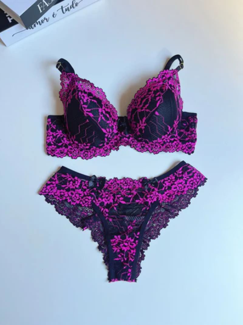 CONJUNTO RENDA BICOLOR PRETO/PINK