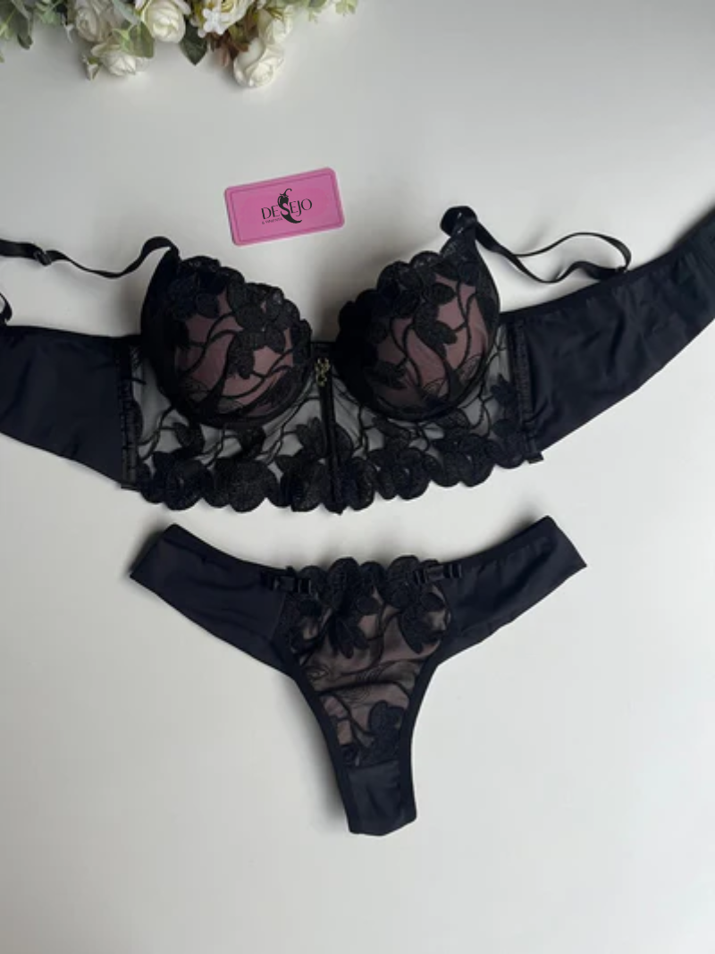 CONJUNTO DE LINGERIE CROPED PRETO