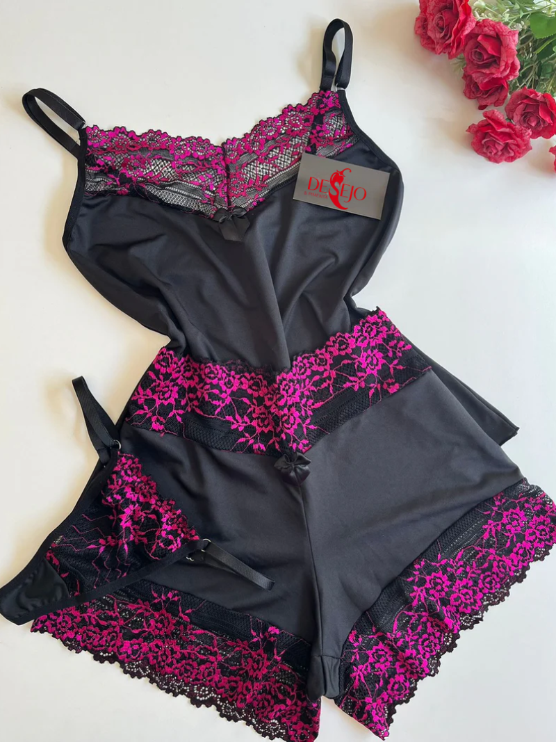 BABY DOLL CHARME COM CALCINHA FIO PRETO/PINK