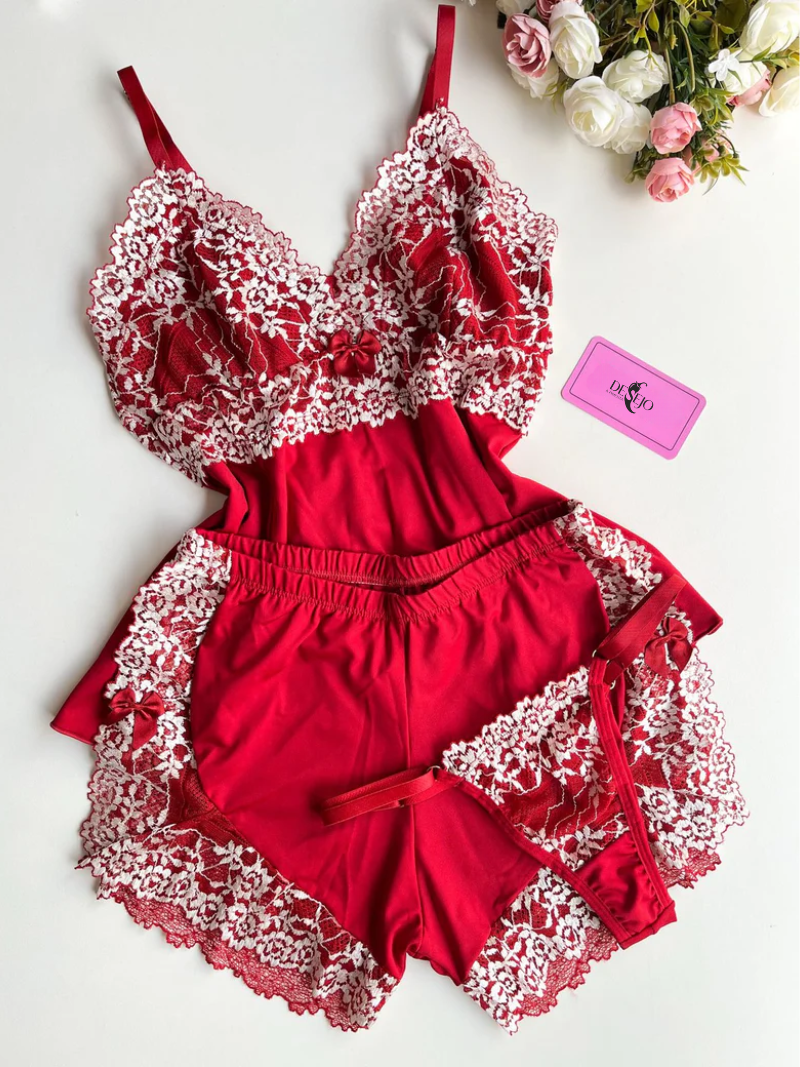 BABY DOLL COM CALCINHA FIO VERMELHO/BRANCO