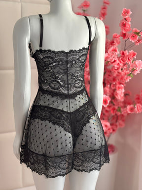 CAMISOLA CORAÇÕES EM TULE PRETO